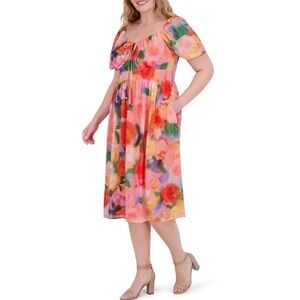 NWT Vince Camuto Plus Floral Chiffon A-Line Midi Dress Puff Sleeve w/Pockets 20W